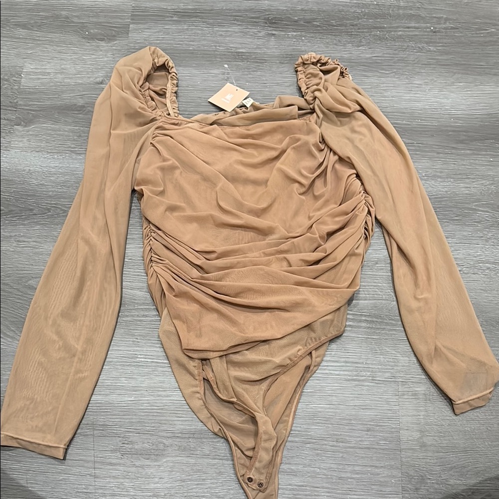 Miss Lola Tan Ruched Long Sleeve Bodysuit